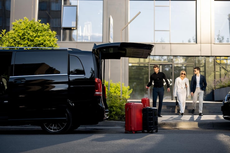 Professional chauffeur helping business couple with luggage during airport transfer from Petersfield