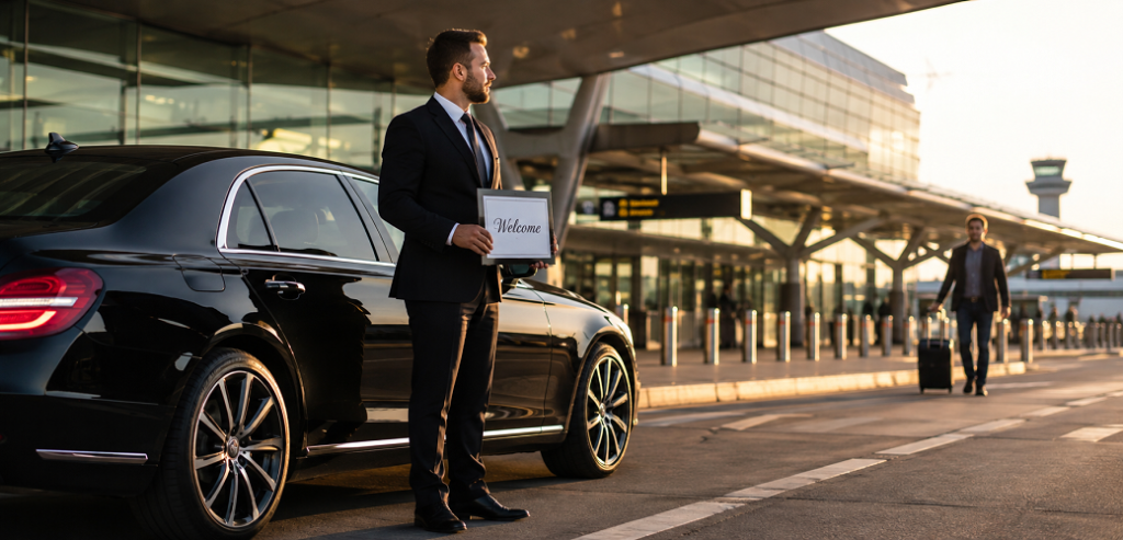 Airport chauffeur holding a Welcome sign beside a luxury sedan as a passenger arrives with luggage
