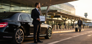 Airport chauffeur holding a Welcome sign beside a luxury sedan as a passenger arrives with luggage