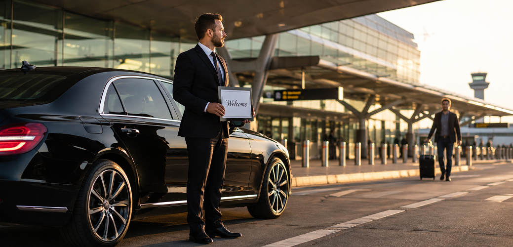 Airport chauffeur holding a Welcome sign beside a luxury sedan as a passenger arrives with luggage
