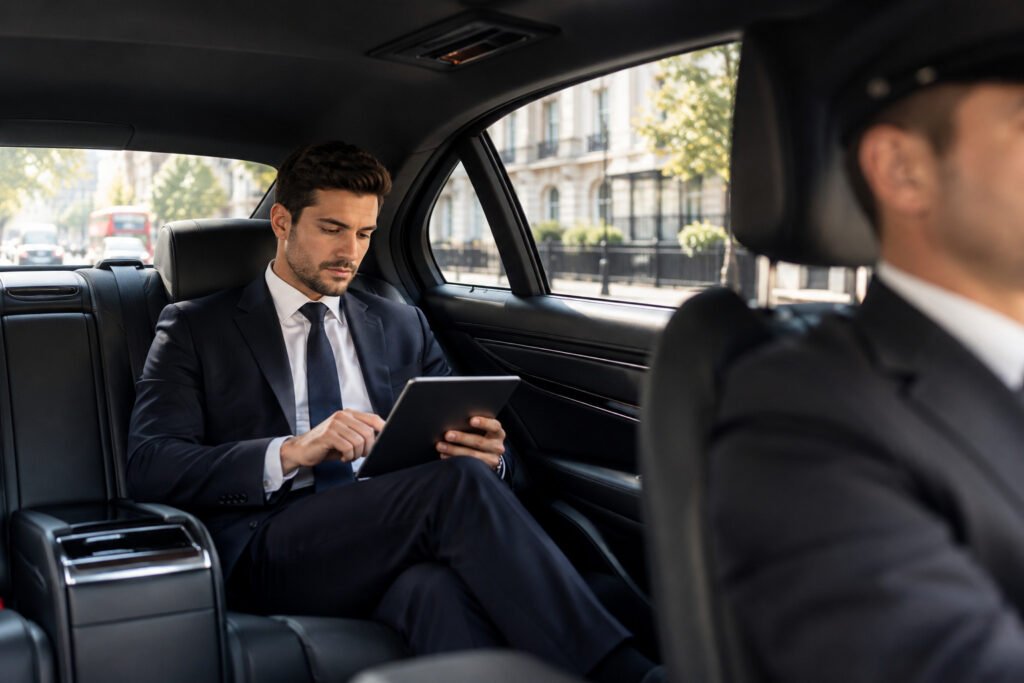 Business traveller using a tablet in the back seat while a professional chauffeur drives