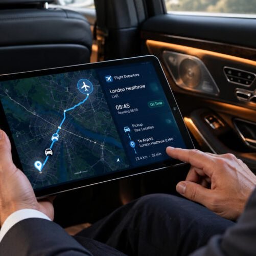 Chauffeur using live route and flight monitoring for an airport transfer